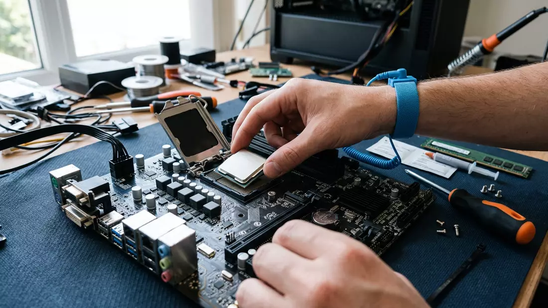Fotorealistische Ansicht von Desktop-Prozessor beim Computerbau in realer Umgebung