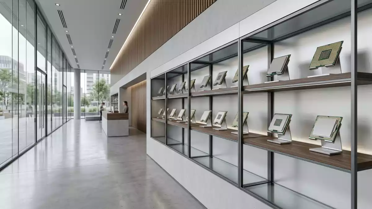 Architektur-Render im Computer-Fachhandel mit Desktop-Prozessor im Ausstellungsbereich