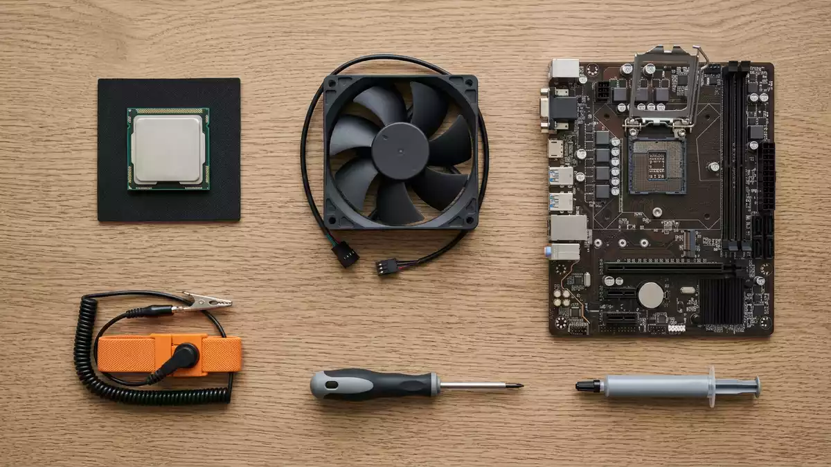 Flatlay-Arrangement rund um Desktop-Prozessor mit passenden Requisiten von oben