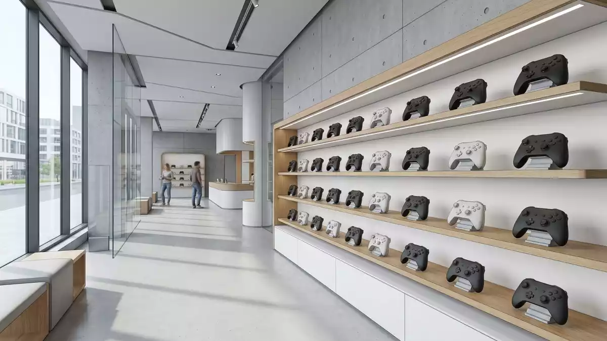 Architektur-Render im Elektronik-Fachmarkt mit Videospiel im Ausstellungsbereich