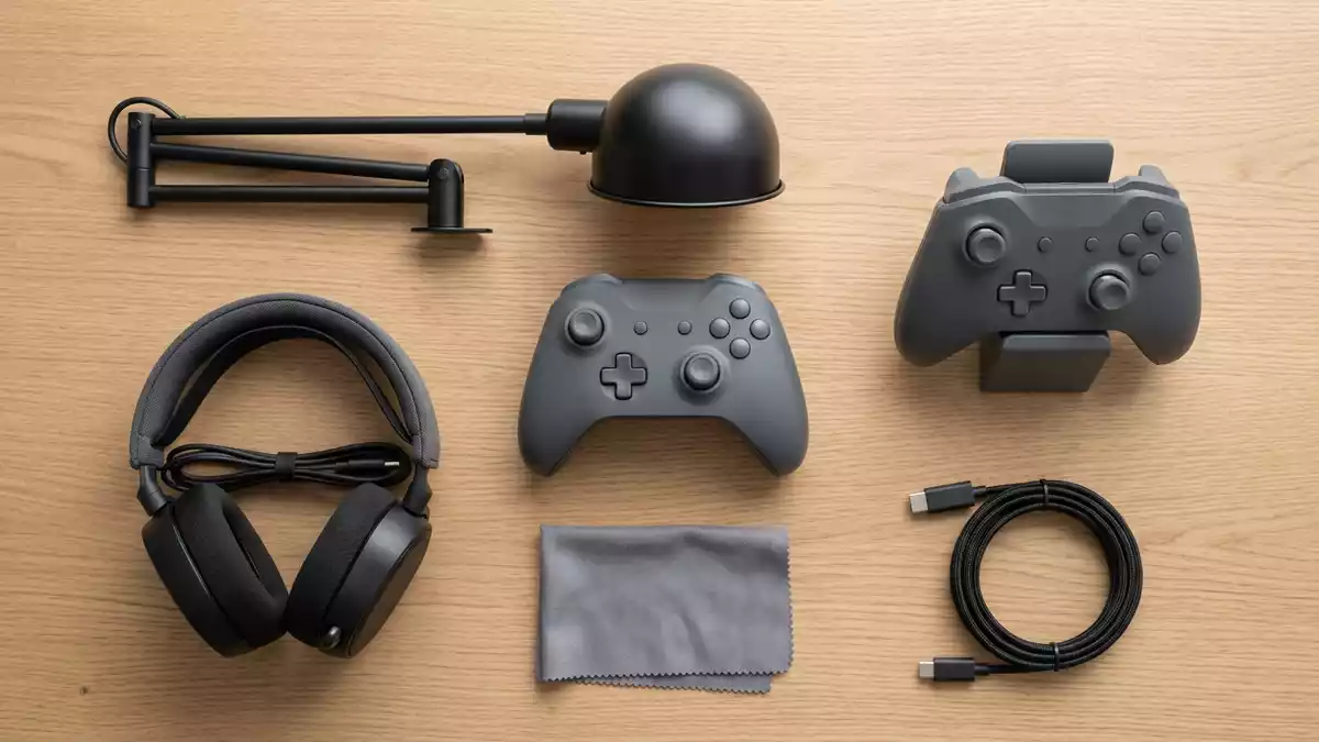 Flatlay-Arrangement rund um Videospiel mit passenden Requisiten von oben, neutral