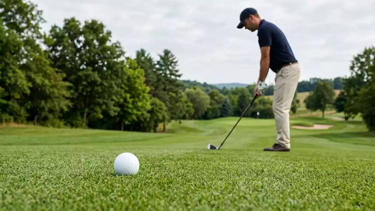 Fotorealistische Ansicht von Golfball auf dem Golfplatz in realer Umgebung, neutral