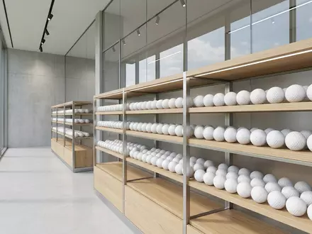 Architektur-Render im Golf-Fachgeschäft mit Golfball zum Thema Titleist Pro V1, ISIN US0050981085, neutrales Tageslicht - Foto: THN