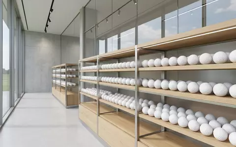 Architektur-Render im Golf-Fachgeschäft mit Golfball zum Thema Titleist Pro V1, ISIN US0050981085, neutrales Tageslicht - Foto: THN