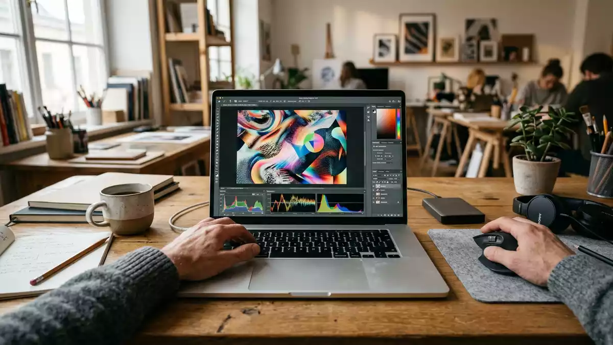 Fotorealistische Ansicht von Bildbearbeitungssoftware am Schreibtisch in realer