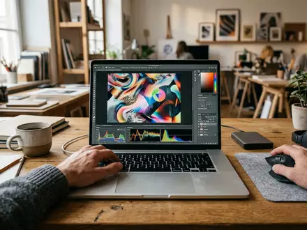 Fotorealistische Aufnahme von Bildbearbeitungssoftware am Schreibtisch zum Thema Adobe Photoshop, ISIN US00724F1012, natuerliches Licht - Foto: THN
