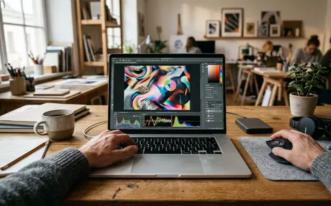 Fotorealistische Aufnahme von Bildbearbeitungssoftware am Schreibtisch zum Thema Adobe Photoshop, ISIN US00724F1012, natuerliches Licht - Foto: THN