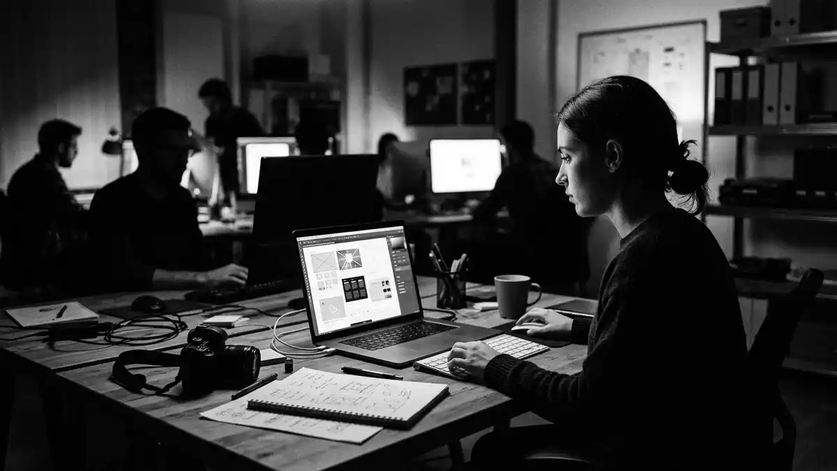 Schwarzweiss-Reportagebild mit Bildbearbeitungssoftware in dokumentarischer