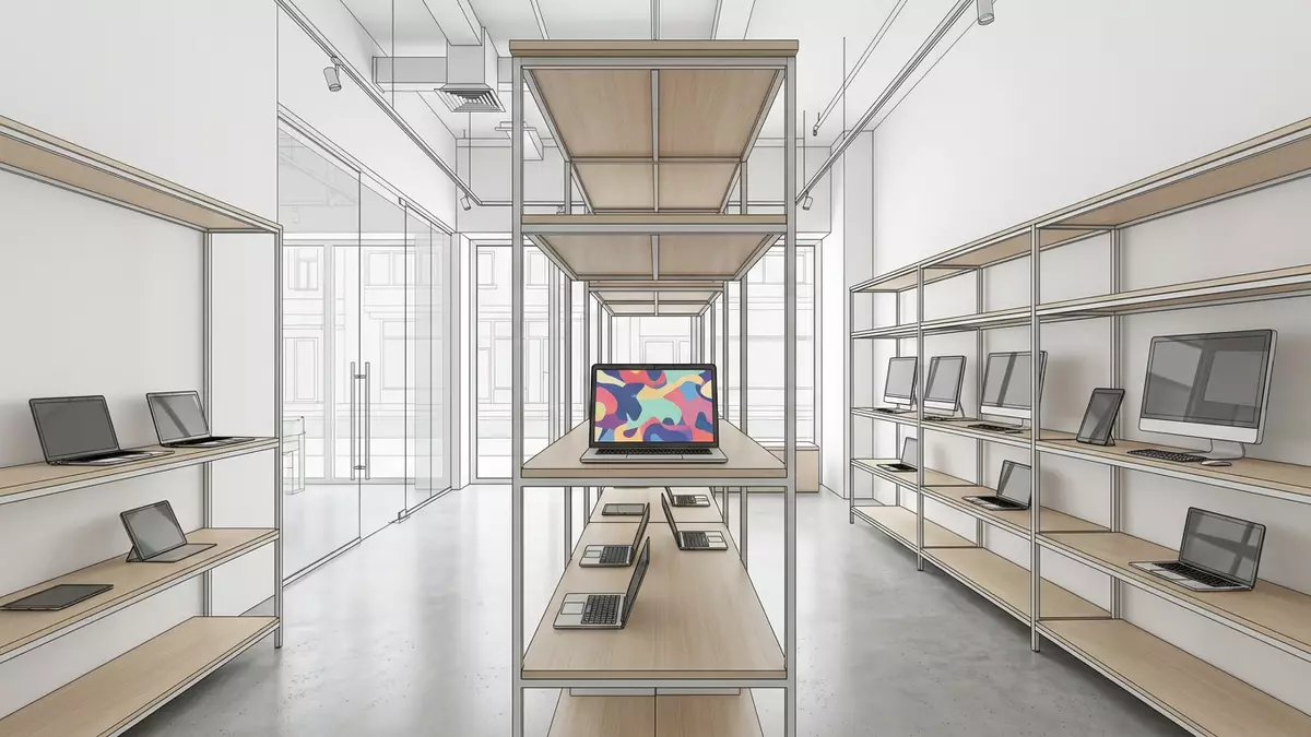 Architektur-Render im Computer-Fachhandel mit Bildbearbeitungssoftware im Ausstellungsbereich