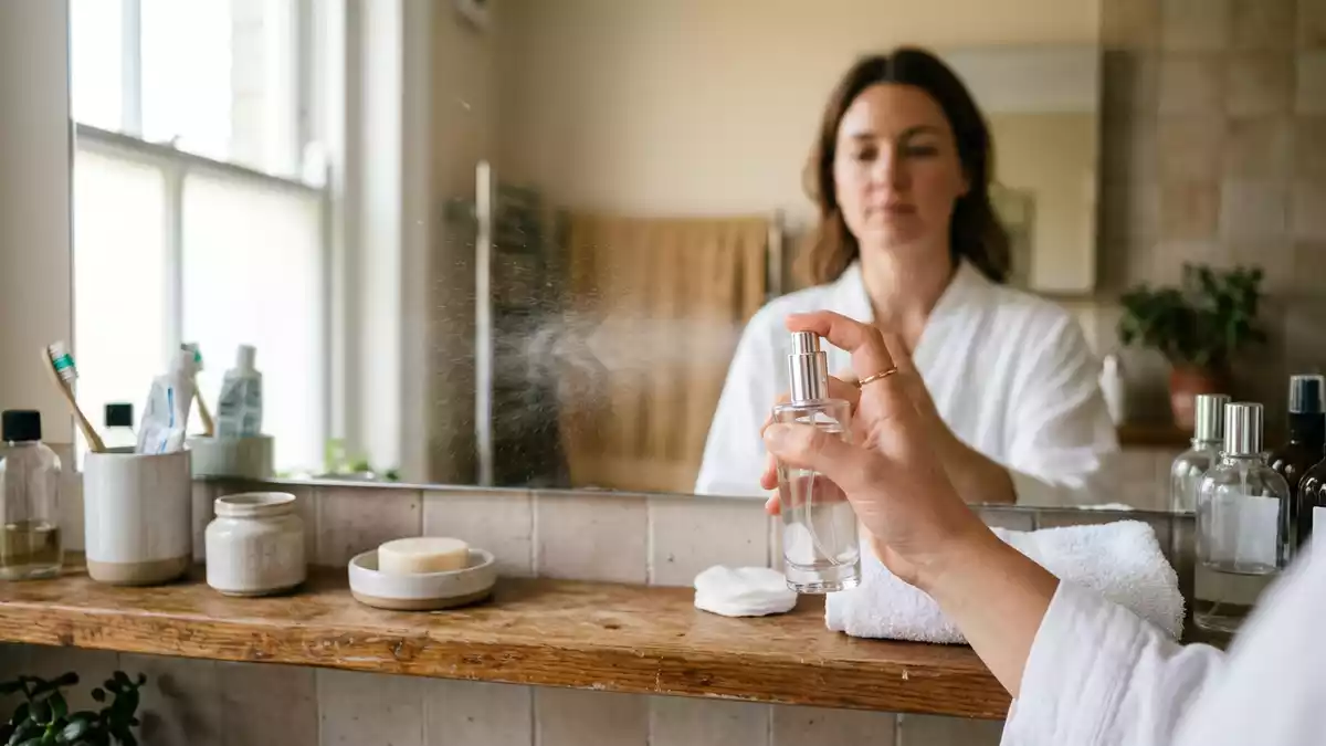 Fotorealistische Ansicht von Eau de Toilette im Badezimmer in realer Umgebung, neutral