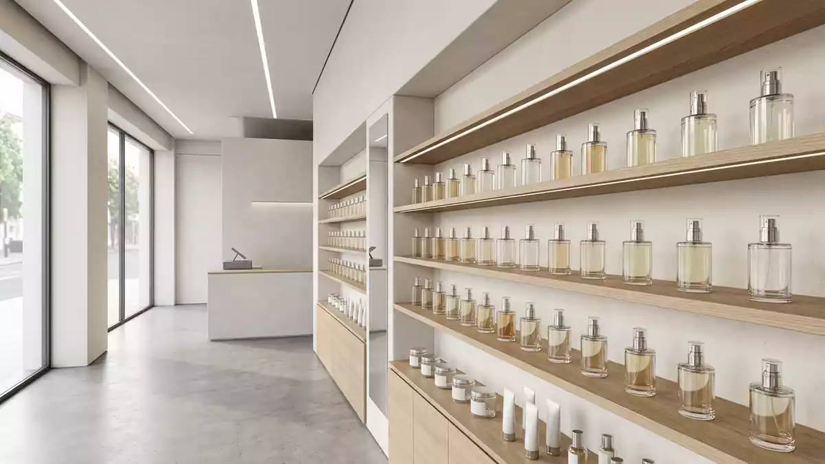 Architektur-Render im Parfümerie mit Eau de Toilette im Ausstellungsbereich, neutral