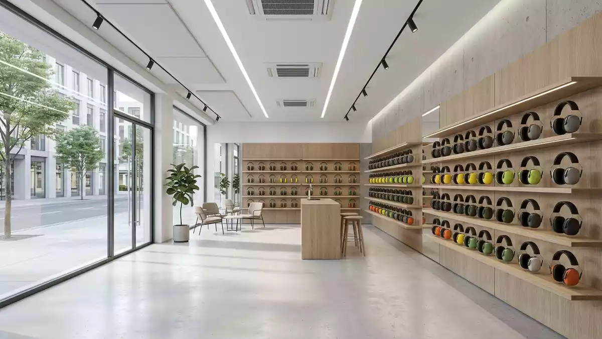 Architektur-Render im Arbeitsschutz-Fachhandel mit Kapselgehörschutz im Ausstellungsbereich