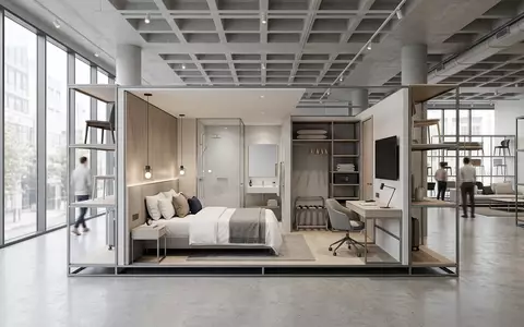 Architektur-Render im Möbelfachhandel mit Hotelzimmer zum Thema Ibis Hotel, ISIN FR0000120404, neutrales Tageslicht - Foto: THN