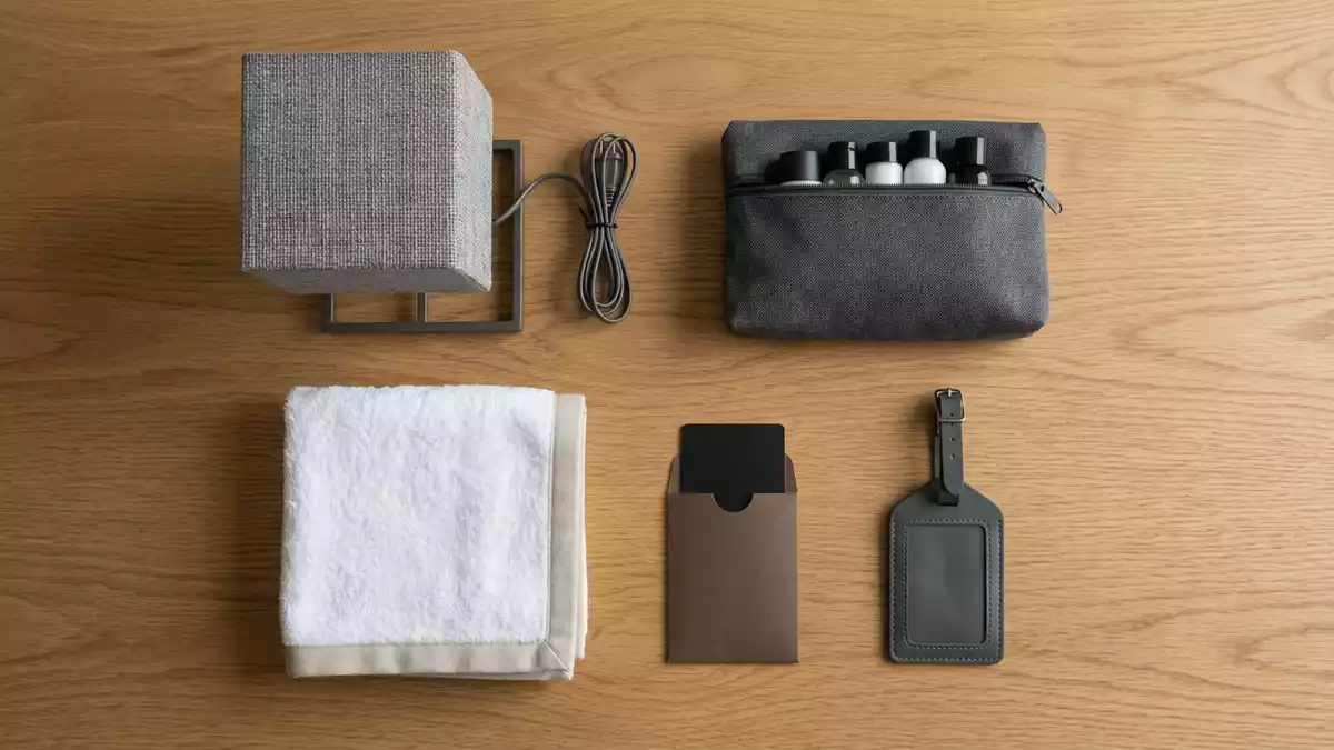 Flatlay-Arrangement rund um Hotelzimmer mit passenden Requisiten von oben, neutral
