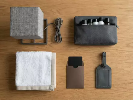 Flatlay-Arrangement rund um Hotelzimmer zum Thema Ibis Hotel, ISIN FR0000120404, weiches Oberlicht - Foto: THN