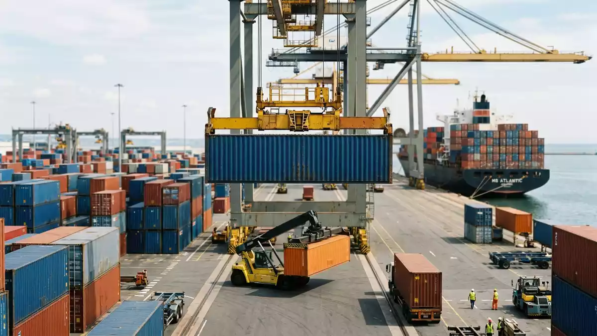 Fotorealistische Ansicht von Frachtcontainer im Güterverkehr in realer Umgebung