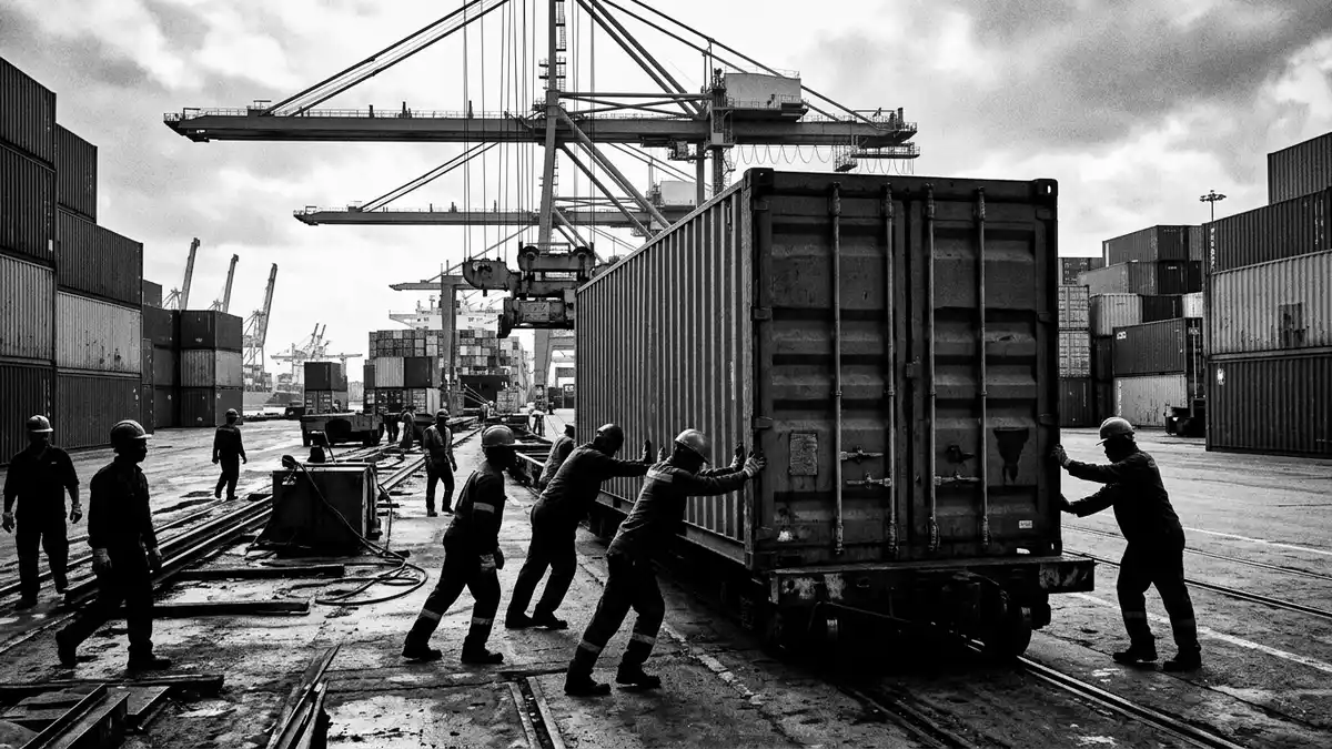 Schwarzweiss-Reportagebild mit Frachtcontainer in dokumentarischer Arbeitsumgebung