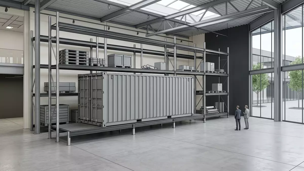 Architektur-Render im Logistik-Fachhandel mit Frachtcontainer im Ausstellungsbereich