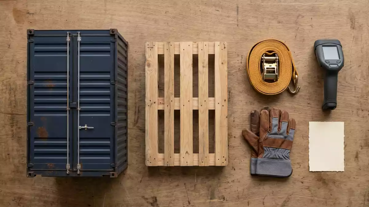 Flatlay-Arrangement rund um Frachtcontainer mit passenden Requisiten von oben, neutral