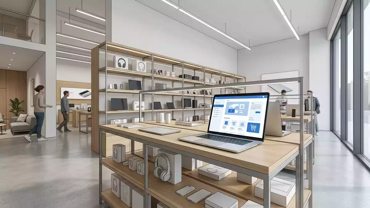 Architektur-Render im Elektronik-Fachmarkt mit Einkaufsplattform im Ausstellungsbereich