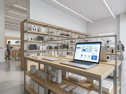 Architektur-Render im Elektronik-Fachmarkt mit Einkaufsplattform zum Thema About You App, ISIN DE000A3CNK42, neutrales Tageslicht - Foto: THN