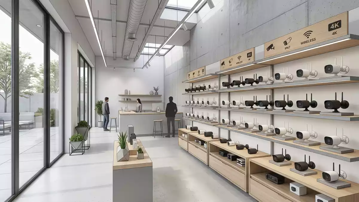 Architektur-Render im Sicherheitsfachhandel mit Überwachungskamera im Ausstellungsbereich