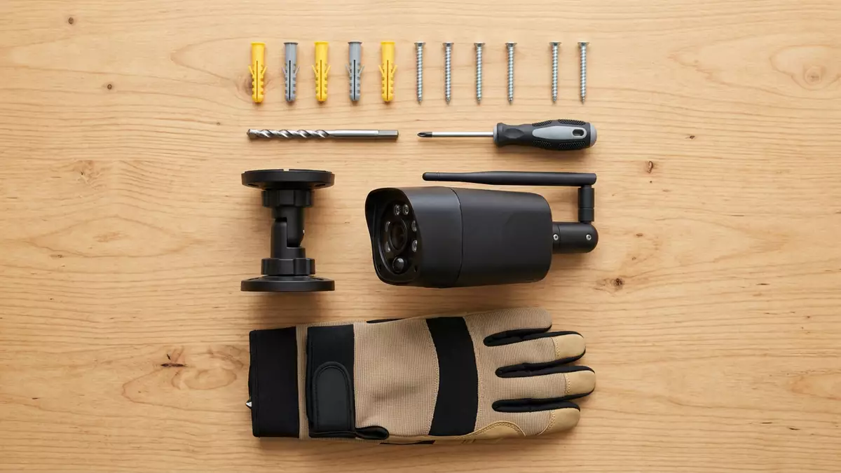 Flatlay-Arrangement rund um Überwachungskamera mit passenden Requisiten von oben