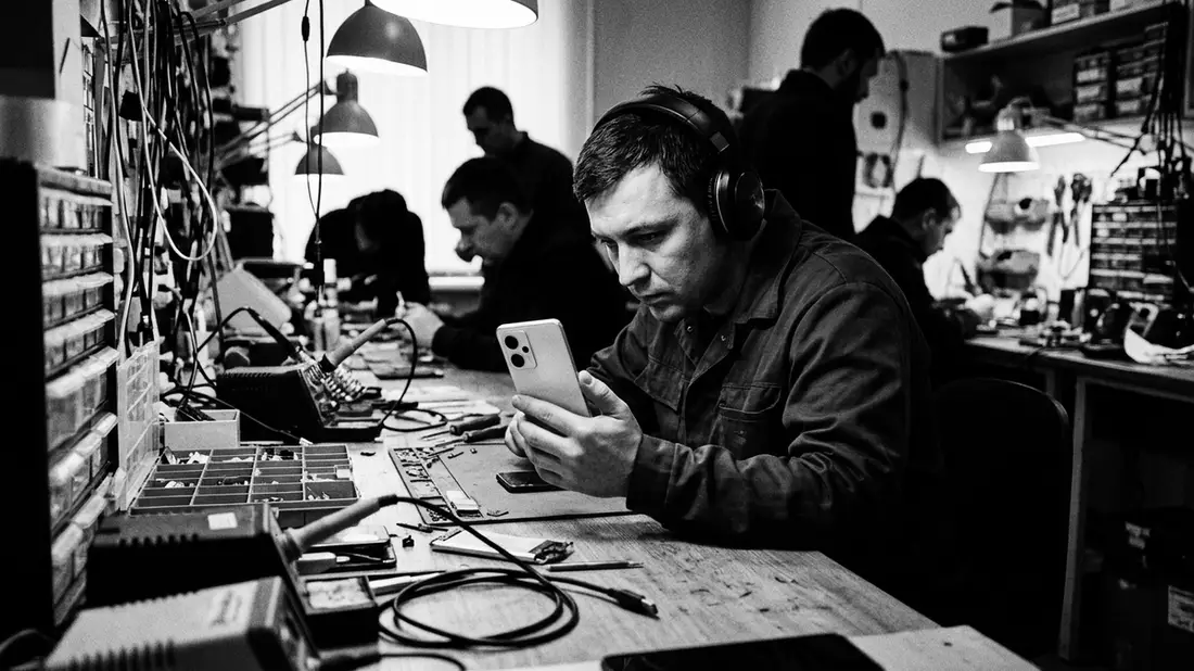 Schwarzweiss-Reportagebild mit Smartphone in dokumentarischer Arbeitsumgebung, neutral