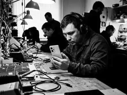 Schwarzweiss-Reportage mit Smartphone zum Thema iPhone 15, ISIN US0378331005, hoher Kontrast, sachlich dargestellt - Foto: THN
