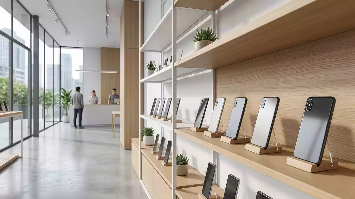 Architektur-Render im Elektronik-Fachmarkt mit Smartphone im Ausstellungsbereich