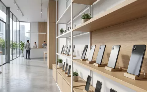 Architektur-Render im Elektronik-Fachmarkt mit Smartphone zum Thema iPhone 15, ISIN US0378331005, neutrales Tageslicht - Foto: THN
