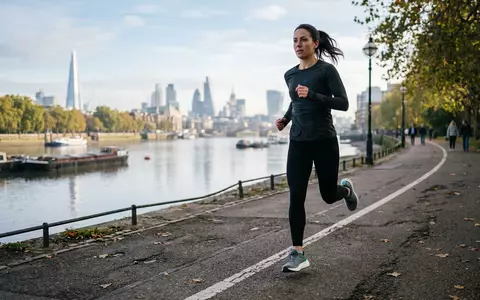 Fotorealistische Aufnahme von Laufschuh beim Laufen zum Thema Asics Novablast, ISIN JP3118000003, natuerliches Licht - Foto: THN