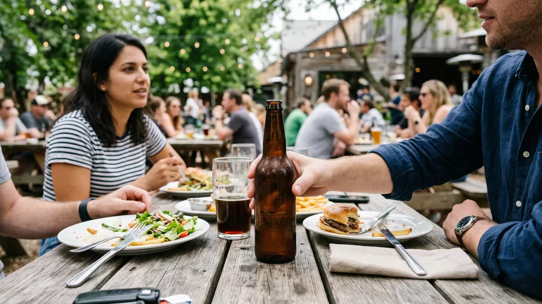 Fotorealistische Ansicht von Bierflasche beim Essen in realer Umgebung, neutral