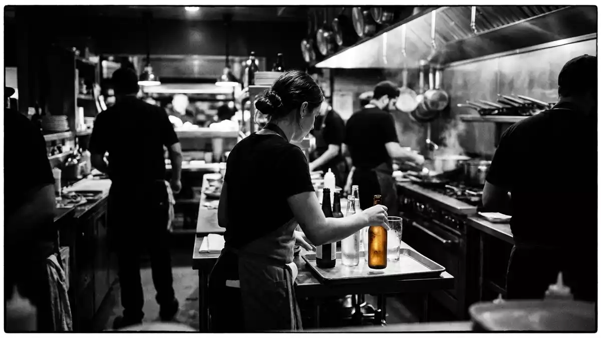 Schwarzweiss-Reportagebild mit Bierflasche in dokumentarischer Arbeitsumgebung