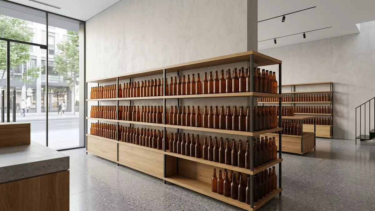 Architektur-Render im Getränkefachmarkt mit Bierflasche im Ausstellungsbereich