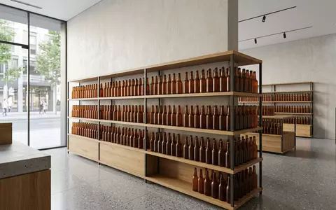 Architektur-Render im Getränkefachmarkt mit Bierflasche zum Thema Beck's Bier, ISIN BE0974293251, neutrales Tageslicht - Foto: THN