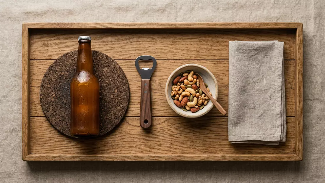 Flatlay-Arrangement rund um Bierflasche mit passenden Requisiten von oben, neutral