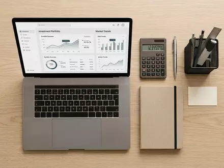 Flatlay-Arrangement rund um Wertpapierdepot zum Thema Amundi ETF, ISIN FR0004125920, weiches Oberlicht - Foto: THN