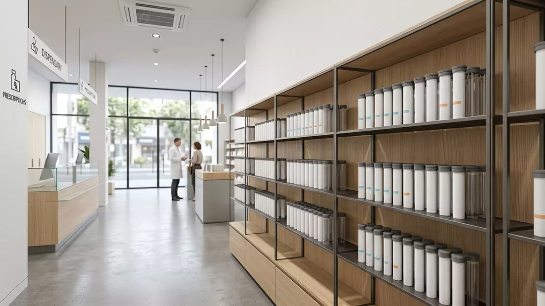 Architektur-Render im Apotheke mit Erkältungstabletten im Ausstellungsbereich, neutral
