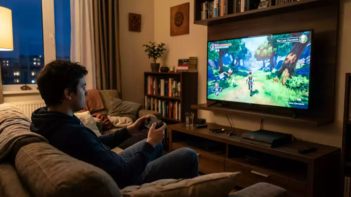 Fotorealistische Ansicht von Fantasy-Videospiel im Wohnzimmer in realer Umgebung
