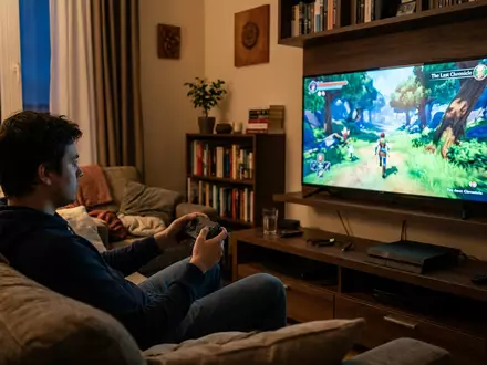 Fotorealistische Aufnahme von Fantasy-Videospiel im Wohnzimmer zum Thema Elden Ring, ISIN JP3778630008, natuerliches Licht - Foto: THN
