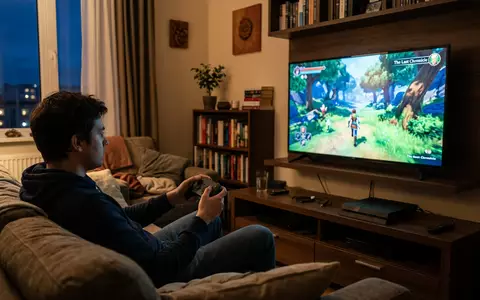Fotorealistische Aufnahme von Fantasy-Videospiel im Wohnzimmer zum Thema Elden Ring, ISIN JP3778630008, natuerliches Licht - Foto: THN