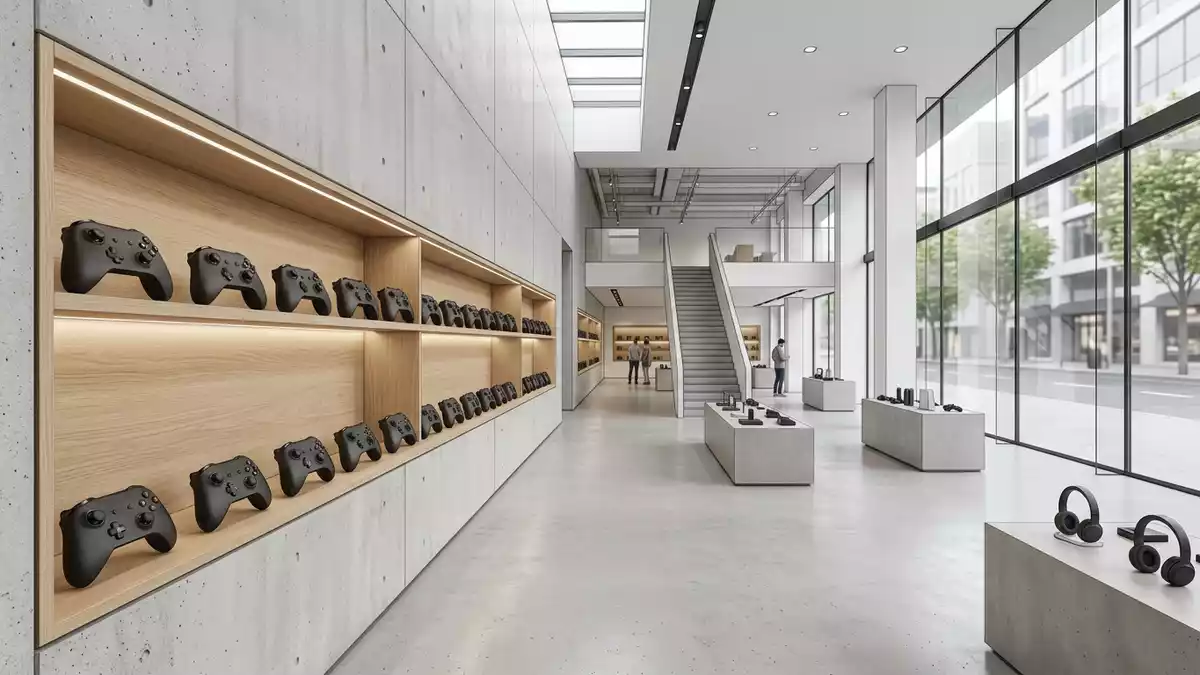 Architektur-Render im Elektronik-Fachmarkt mit Fantasy-Videospiel im Ausstellungsbereich