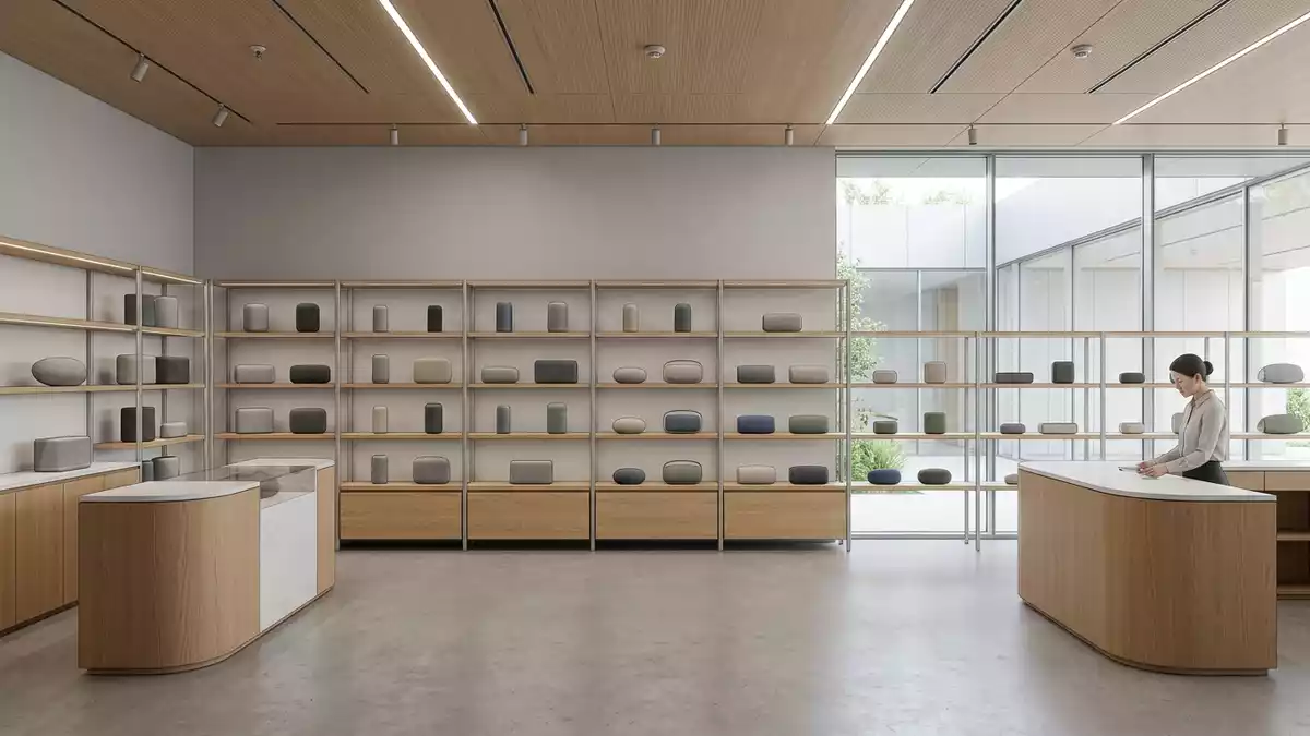 Architektur-Render im Elektronik-Fachmarkt mit Bluetooth-Lautsprecher im Ausstellungsbereich