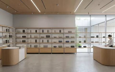 Architektur-Render im Elektronik-Fachmarkt mit Bluetooth-Lautsprecher zum Thema Beosound Lautsprecher, ISIN DK0010218429, neutrales Tageslicht - Foto: THN