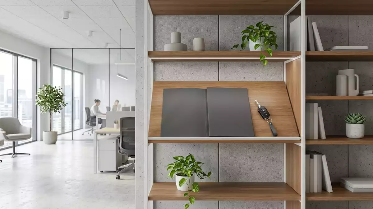 Architektur-Render im Versicherungsbüro mit Versicherungsmappe im Ausstellungsbereich
