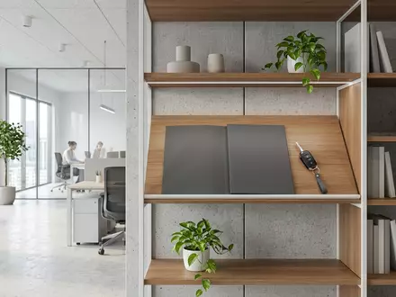 Architektur-Render im Versicherungsbüro mit Versicherungsmappe zum Thema AXA KFZ-Versicherung, ISIN FR0000120628, neutrales Tageslicht - Foto: THN