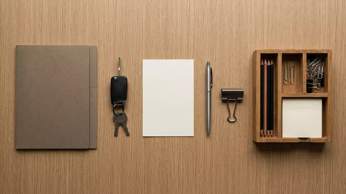 Flatlay-Arrangement rund um Versicherungsmappe mit passenden Requisiten von oben