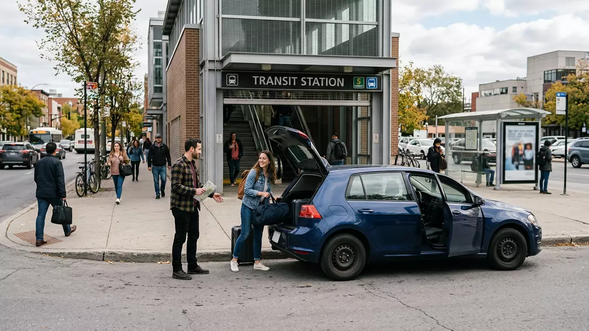 Fotorealistische Ansicht von Mietwagen auf Reisen in realer Umgebung, neutral