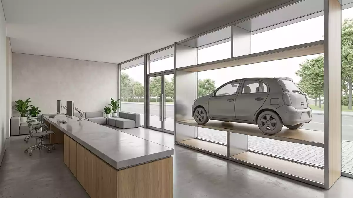 Architektur-Render im Autovermietung mit Mietwagen im Ausstellungsbereich, neutral